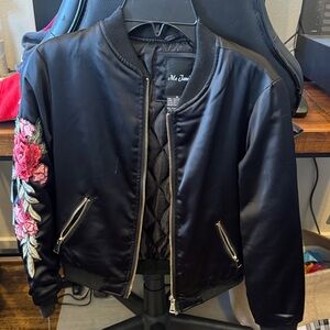 Me Jane Black Bomber Jacket with Vibrant Floral Embroidery